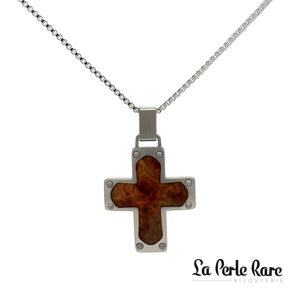 Pendentif croix, acier, bois - 171-CR70340 - Steelx