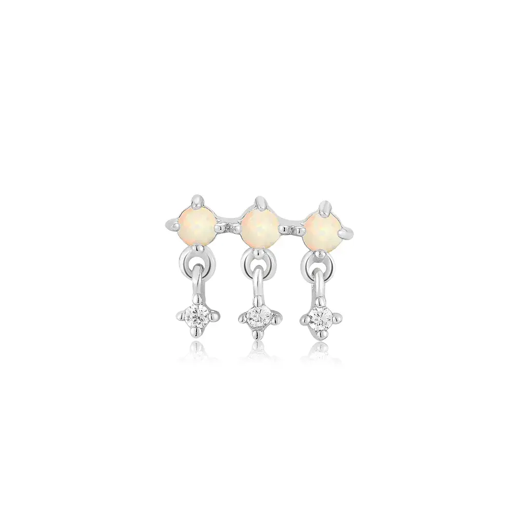 Single rhodium-plated silver stud earring with opals and cubic zirconia - E047-04H - Ania Haie