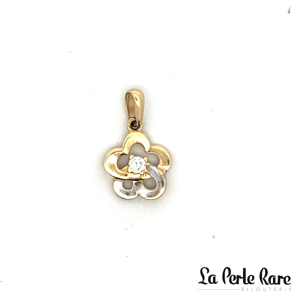 Pendentif fleur, or 2 tons (jaune/blanc) 10 carats, zircon incolore - PMDC01-0364-2T - Exclusivités