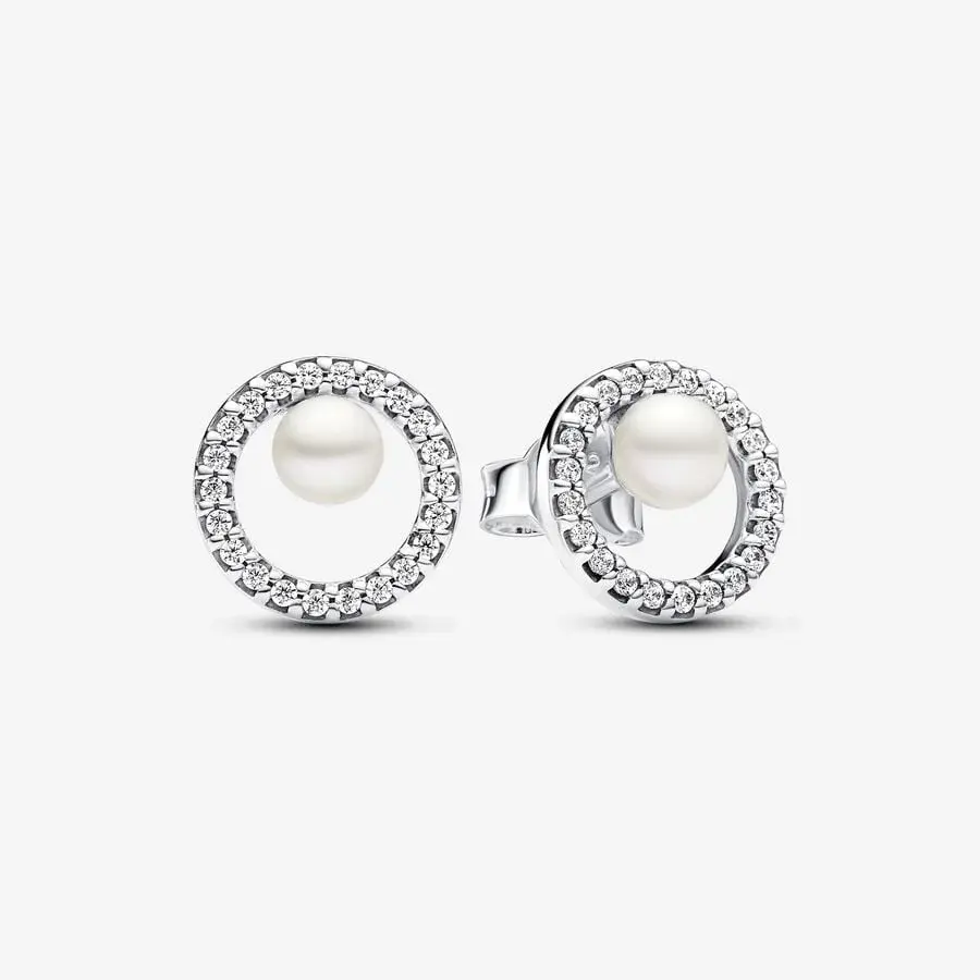 Halo Studs, Silver, Freshwater Pearls, Cubic Zirconia