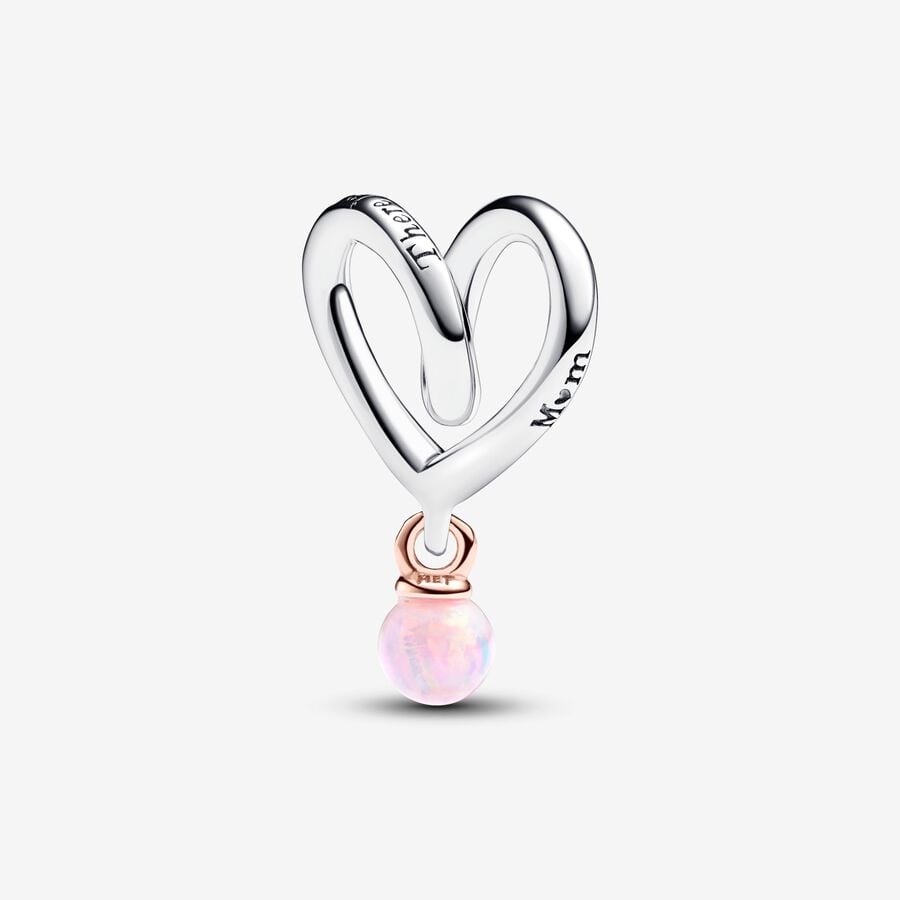 Heart charm, unique blend of sterling silver and 14k rose gold plated metal, lab-created pink opal