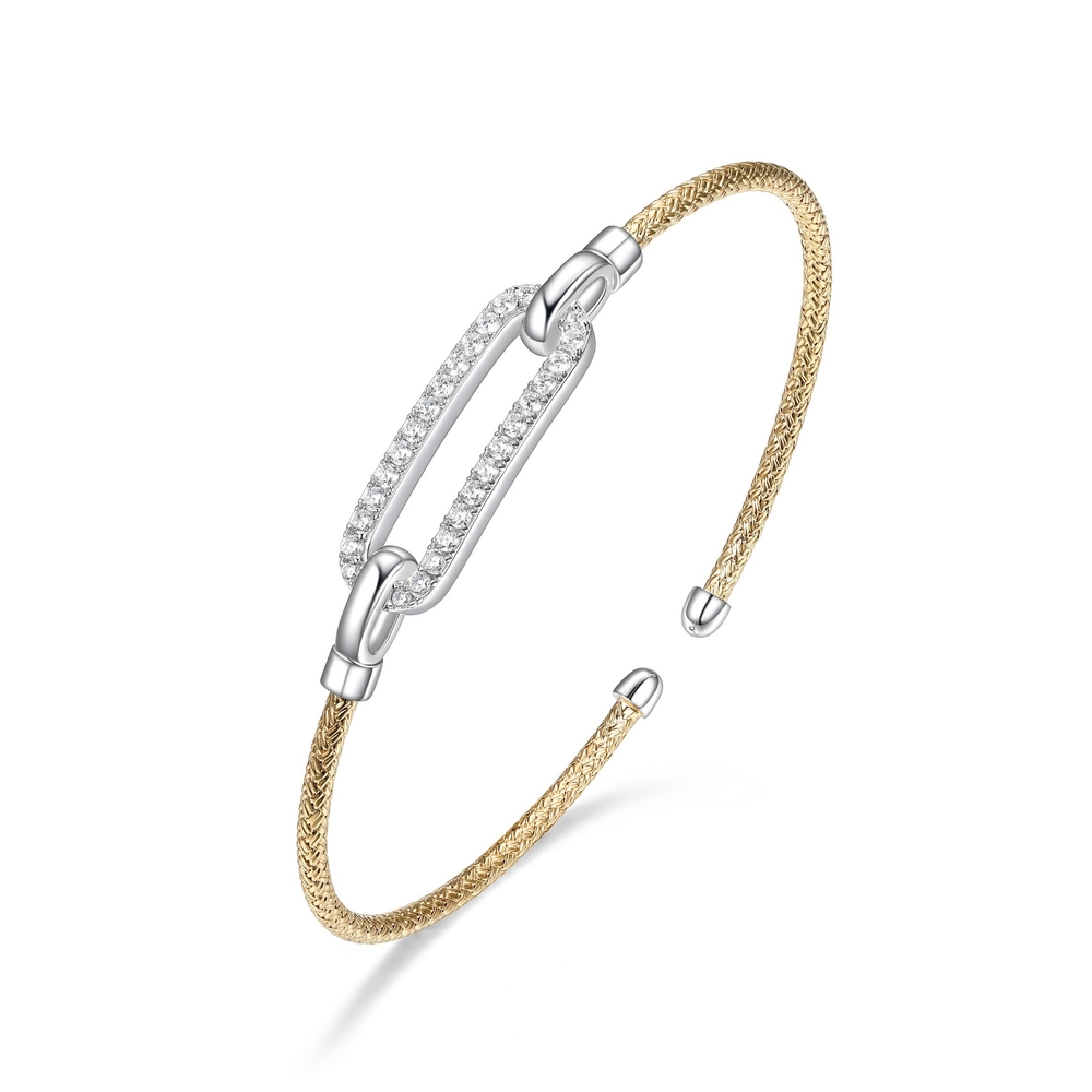 Bracelet rigide ouvert argent 2 tons (jaune/blanc), zircons