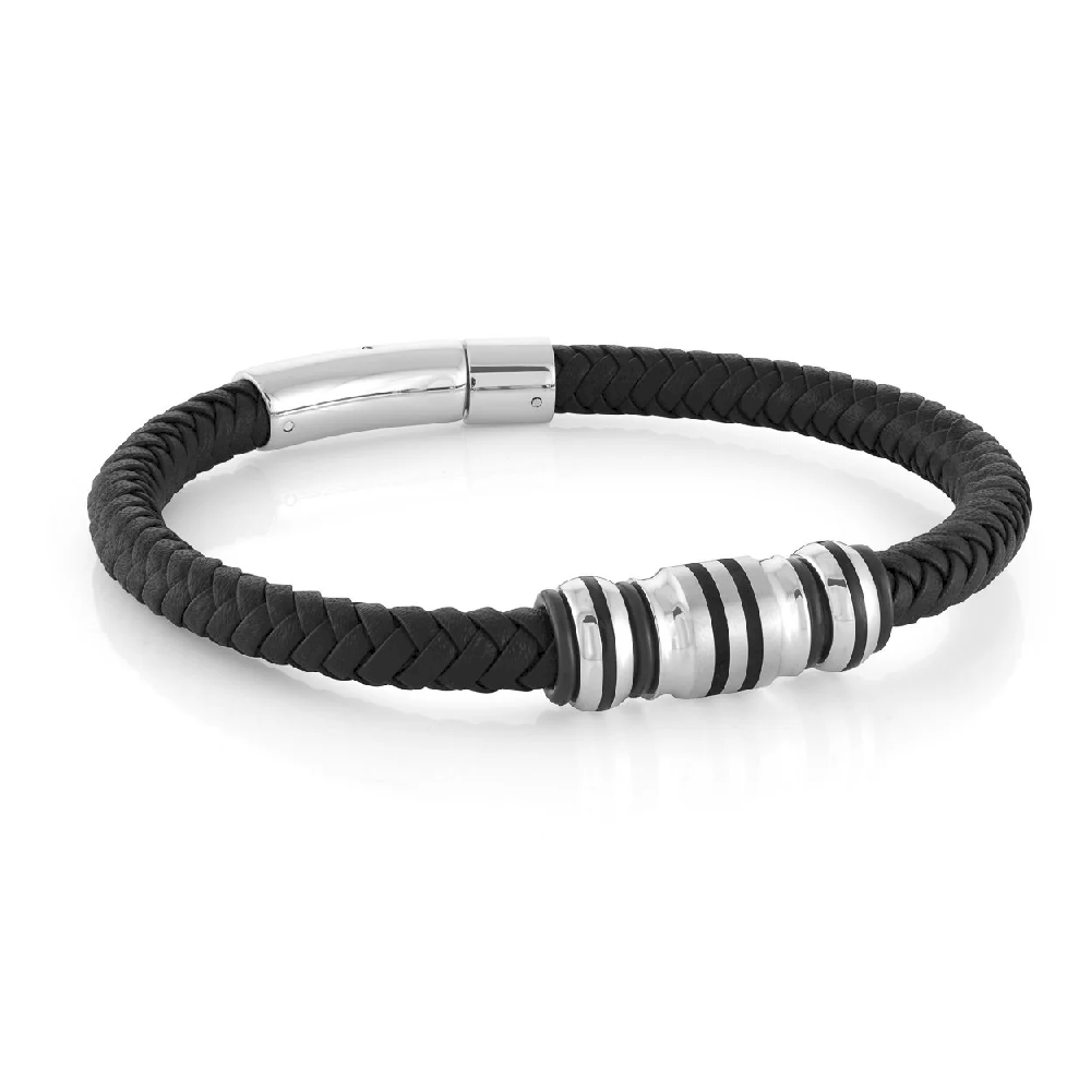 Bracelet cuir noir tressé, acier inoxydable 2 tons (blanc/noir), silicone noir - SLB526 - Italgem Steel