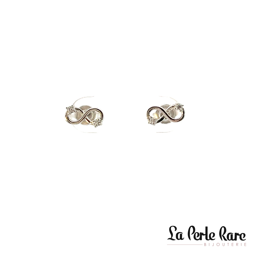 Boucles d'oreilles fixes symbole de l'infini, or blanc 10 carats, zircons incolores - EAS-5797-B - Exclusivités