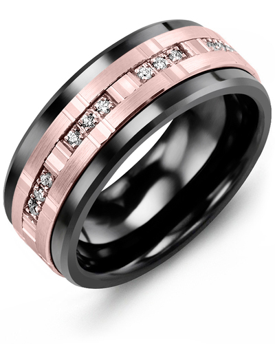 Black ceramic ring, 14-karat rose gold, total of 12 diamond points, 9 millimeters - MJA914CP-12R - Madani