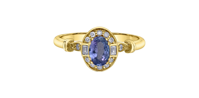 Bague or jaune 10 carats, tanzanite, 9 points de diamants total - DD8181YTZ - Corona