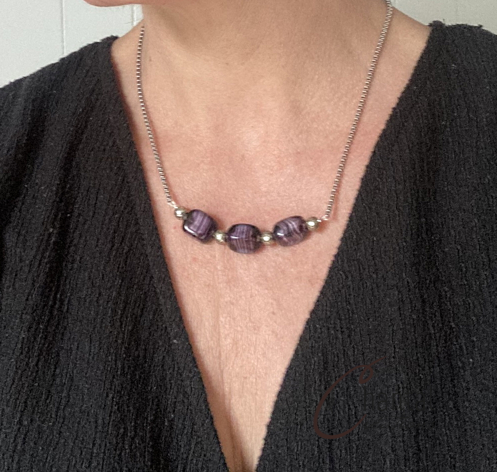 Collier Violette, acier, argent, verre - 23-CO-6 - Création Chantal