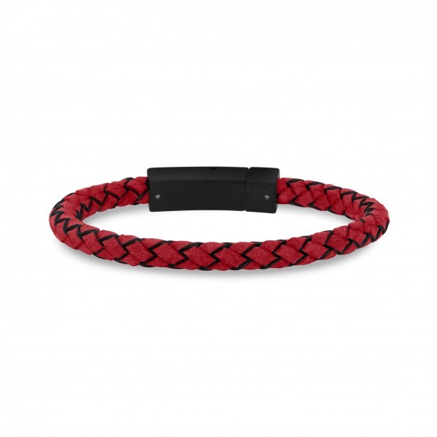 Bracelet cuir rouge tressé, acier inoxydable noir - SSB335RD-7.5 - Arz Steel