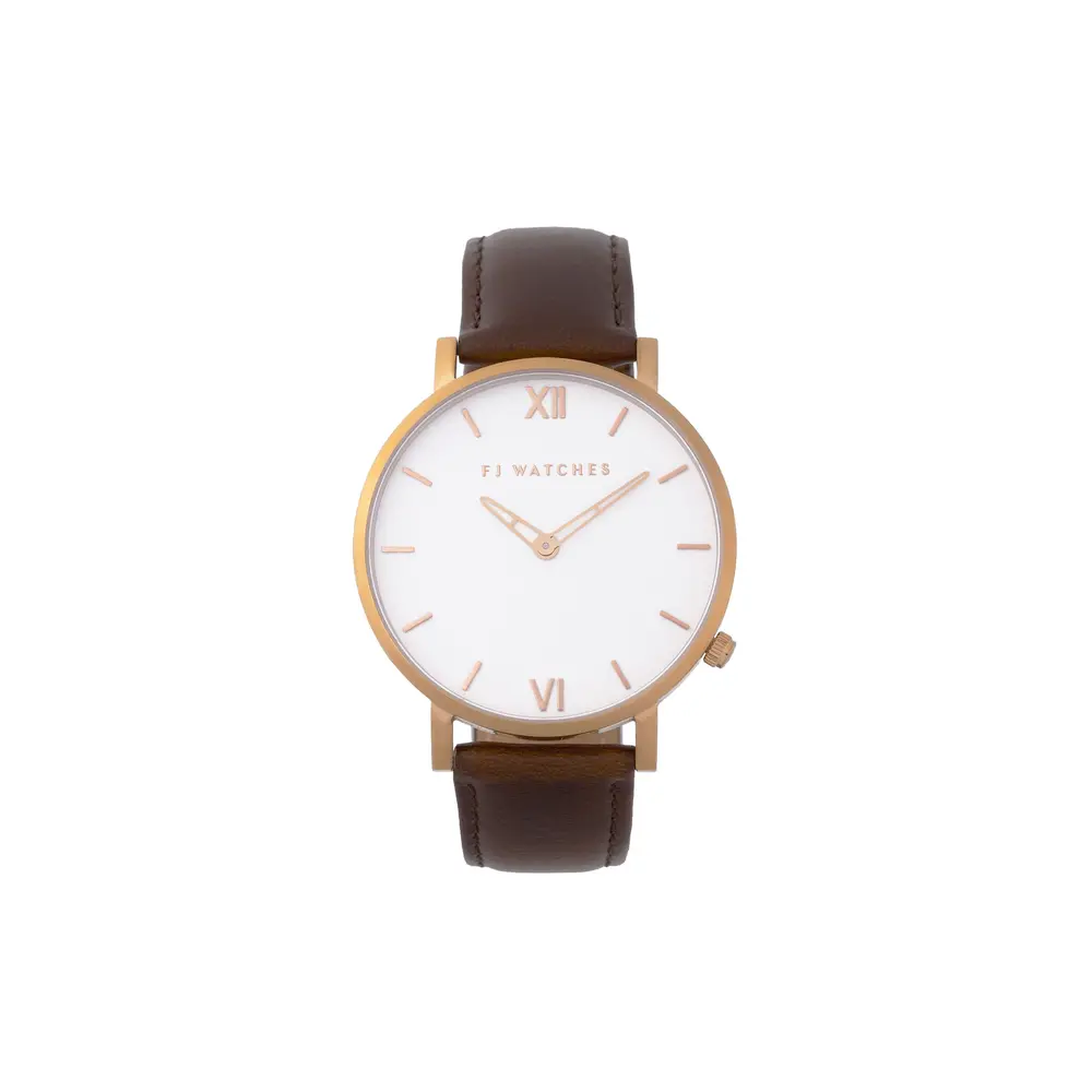 Montre golden sun, cuir brun, acier rosé, fond blanc