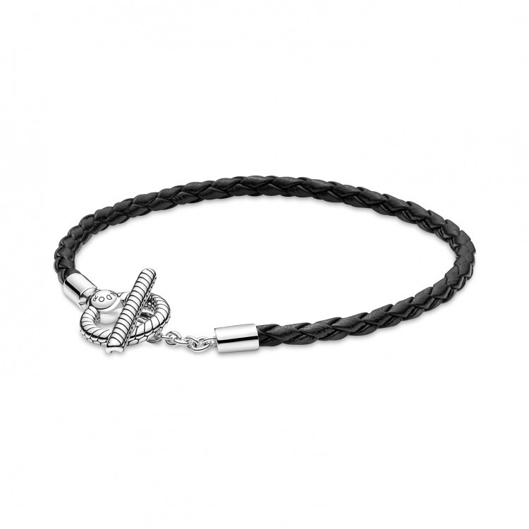 Bracelet en cuir noir tressé et à barre en t pandora moments, argent - 591675C01-S1 - Pandora