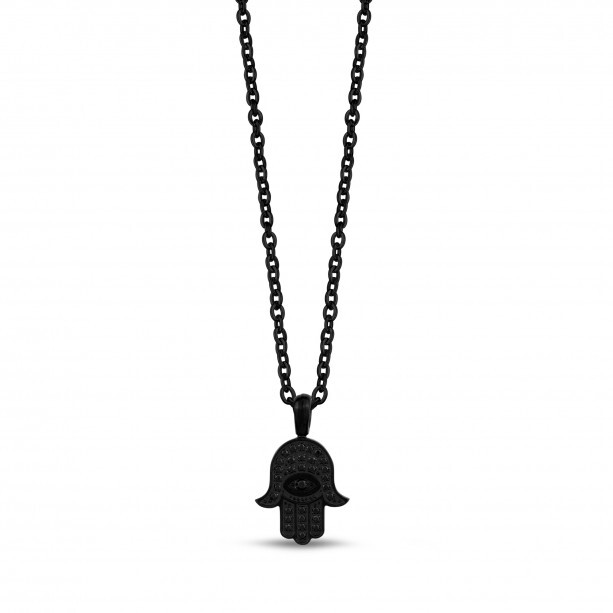 Pendentif main de Hamsa, acier noir, zircons noirs - AS-P176-20 - Arz Steel