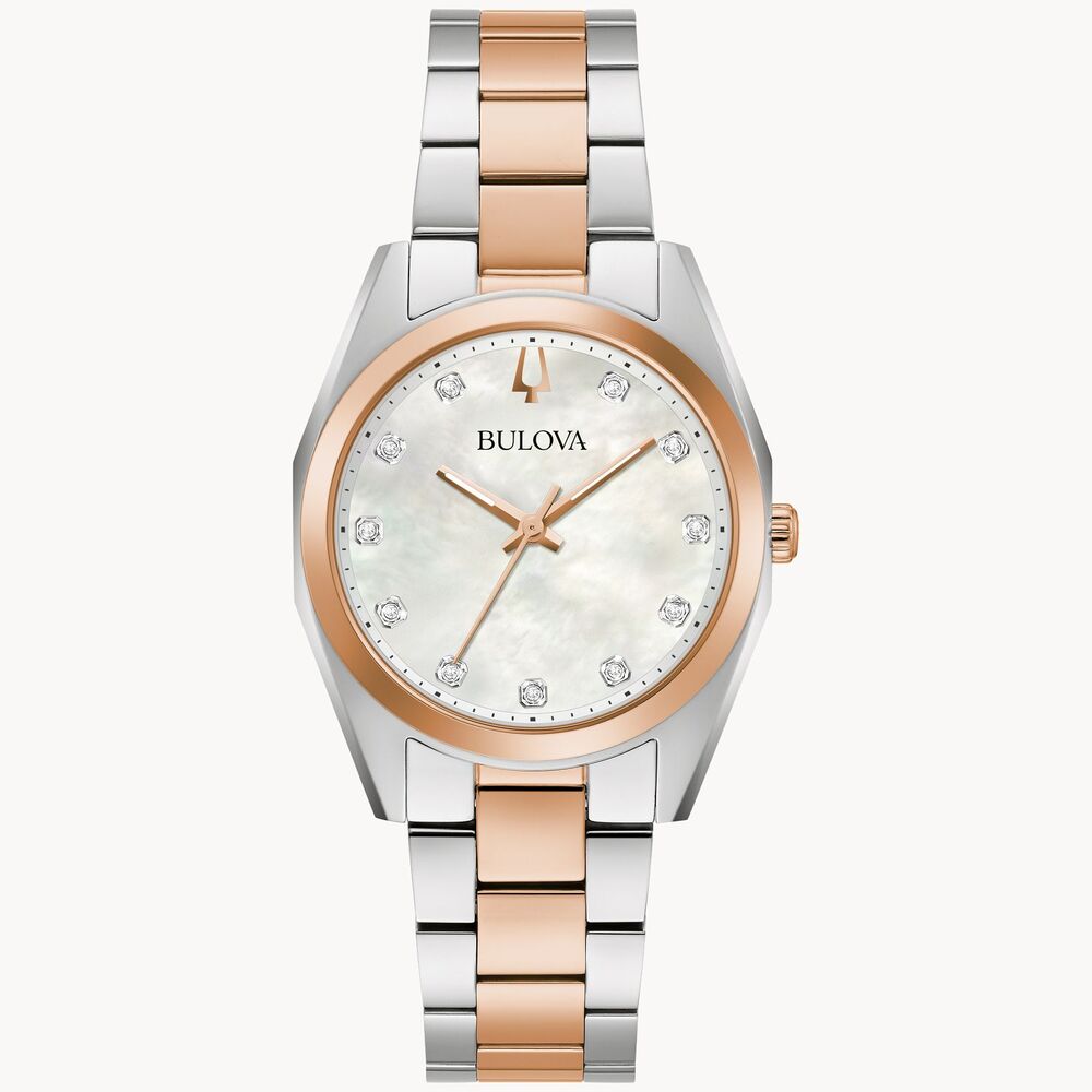 Montre acier 2 tons (blanc/rose), fond nacré, diamants - 98P207 - Bulova