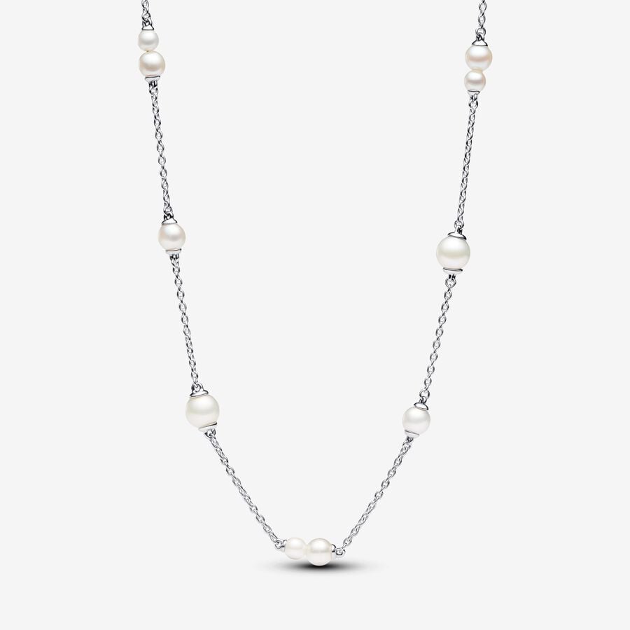 Silver necklace, freshwater pearls, cubic zirconia