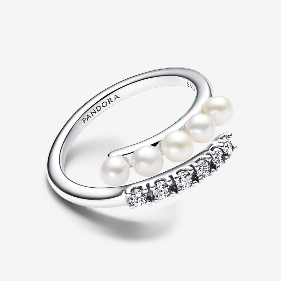 Bague ouverte, argent, perles d'eau douce, zircons