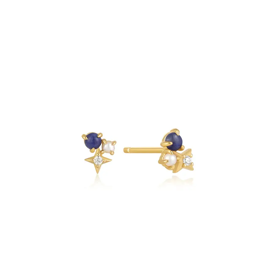 Star-shaped fixed earrings in gold-plated silver with lapis, pearls, and zirconia