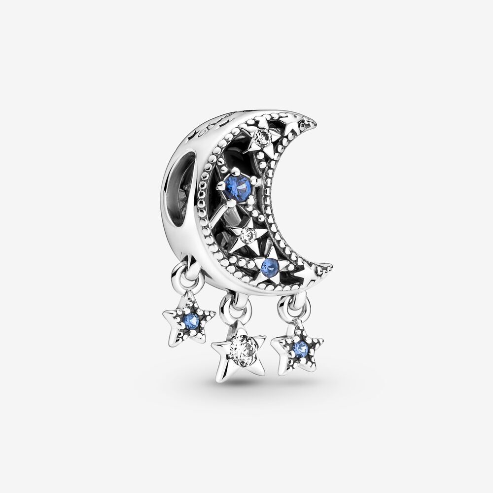 Bille étoile et croissant de lune, argent, zircons incolores et cristal bleu