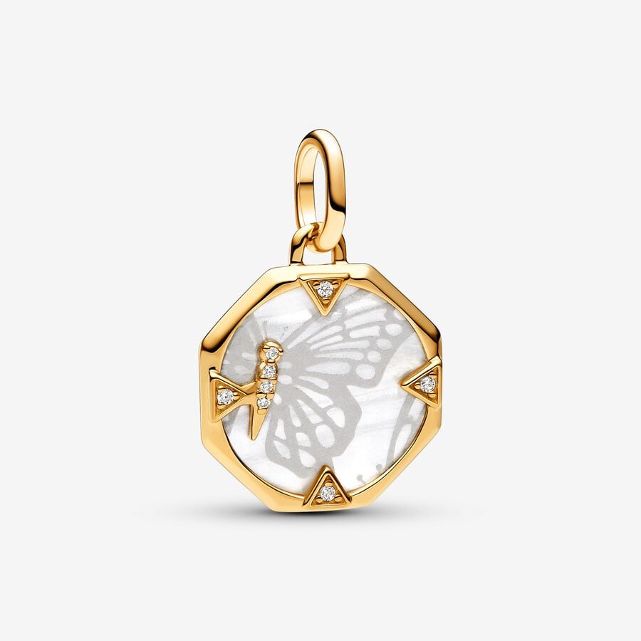 Pearlescent Butterfly charm, unique 14k gold-plated metal, synthetic mother-of-pearl, cubic zirconia, Pandora Me - 763366C01 - Pandora