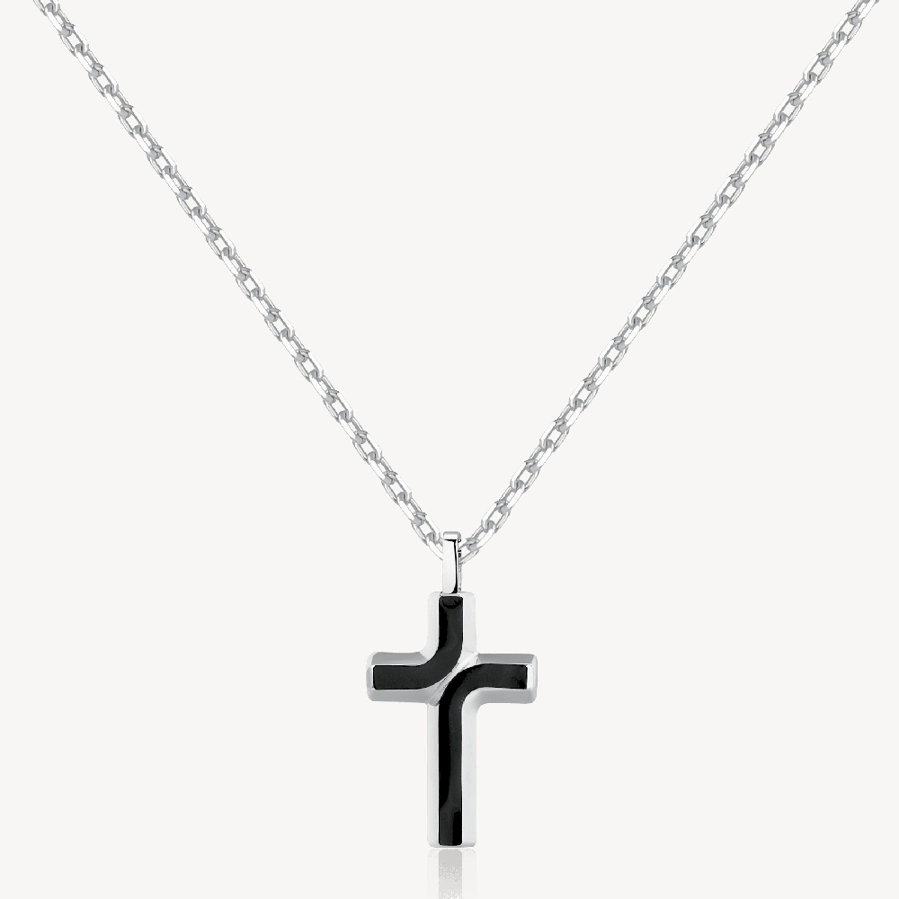 Pendentif croix et chaîne, acier inoxydable, émail noir