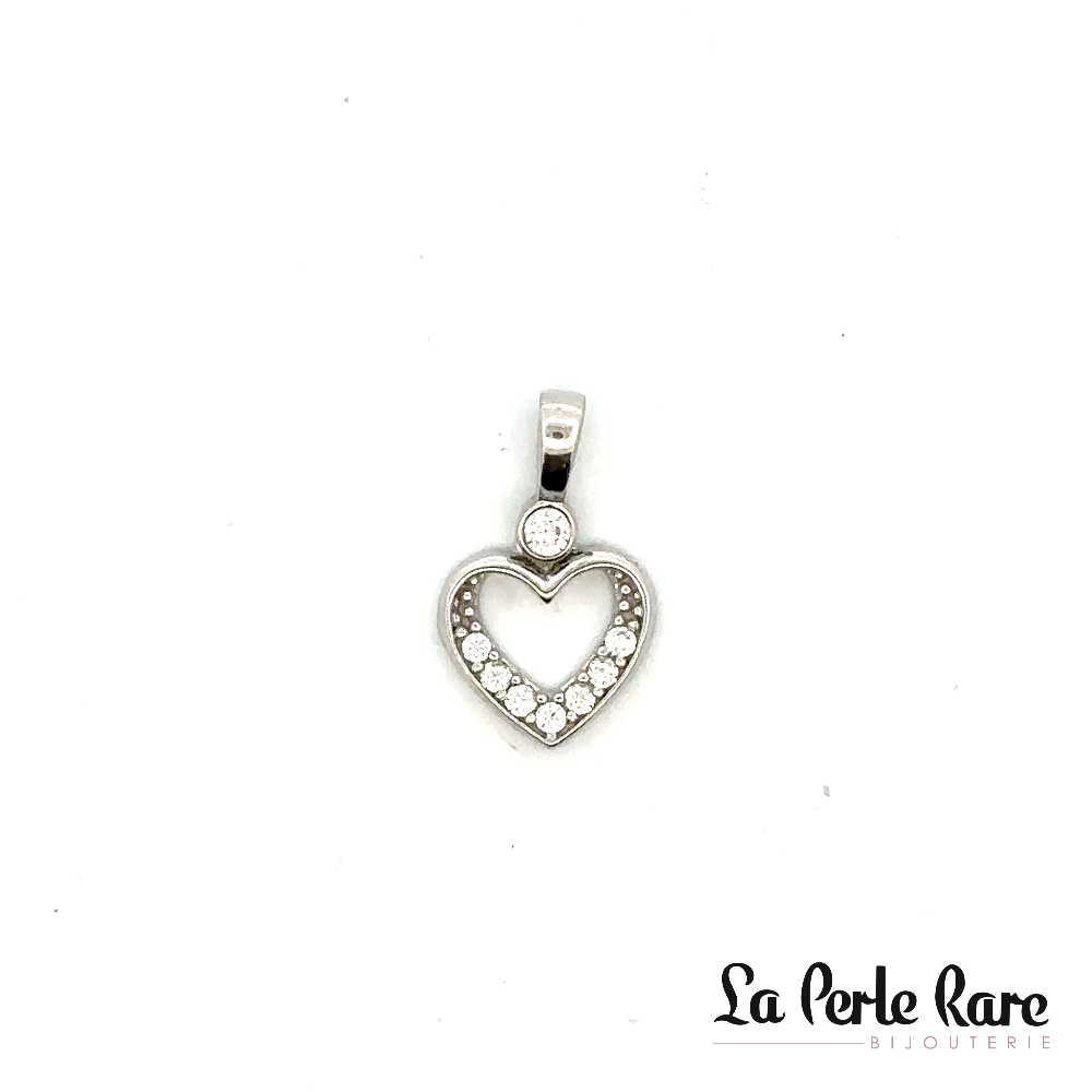 Pendentif coeur, or blanc 10 carats, zircons incolores