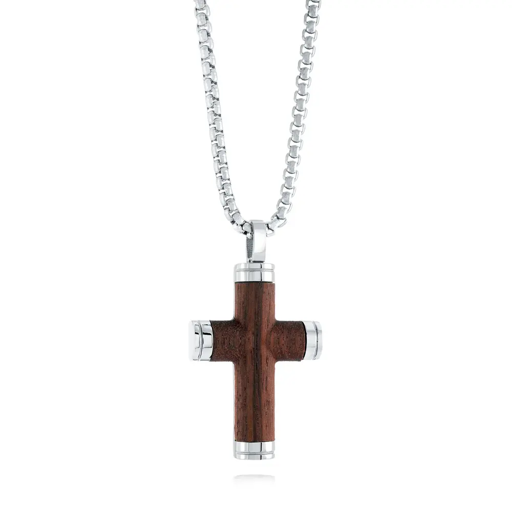 Pendentif croix, acier, bois - SC183-SI - Italgem Steel