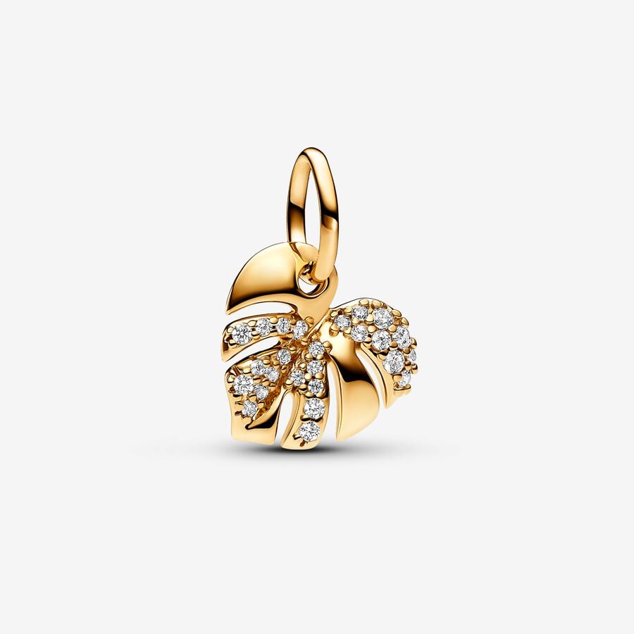 Shimmering Monstera leaf charm, unique metal plated with 14-karat gold, cubic zirconia - 763349C01 - Pandora