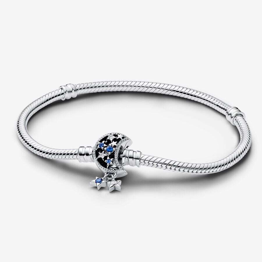 Bracelet fermoir lune scintillante, argent, cristaux bleus, zircons - 592819C01-18 - Pandora