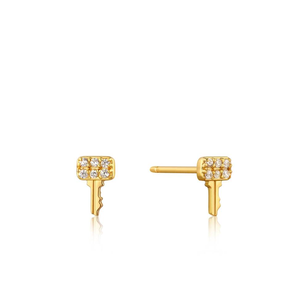 Studd key earrings in gold-plated silver with cubic zirconia - E032-05G - Ania Haie