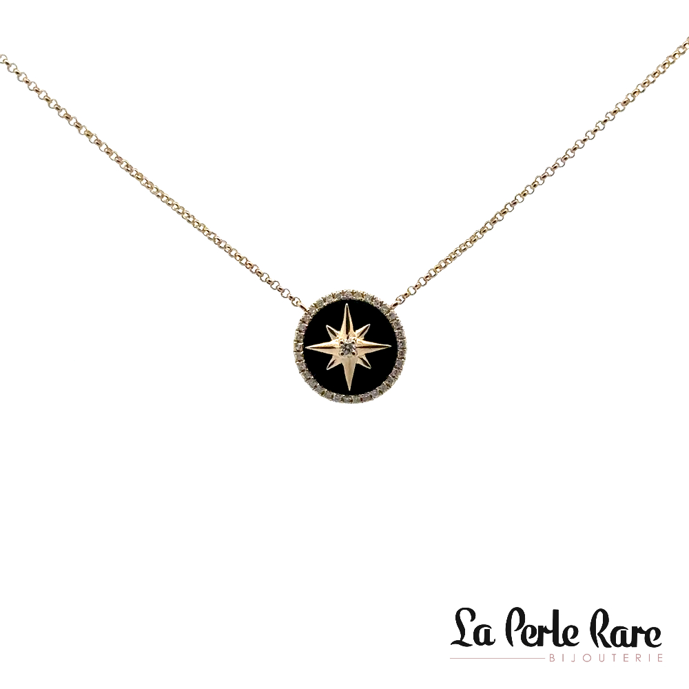 Collier boussole, or jaune 14 carats, onyx, 14 points de diamants total - 15345OXN4YKA1 - Exclusivités