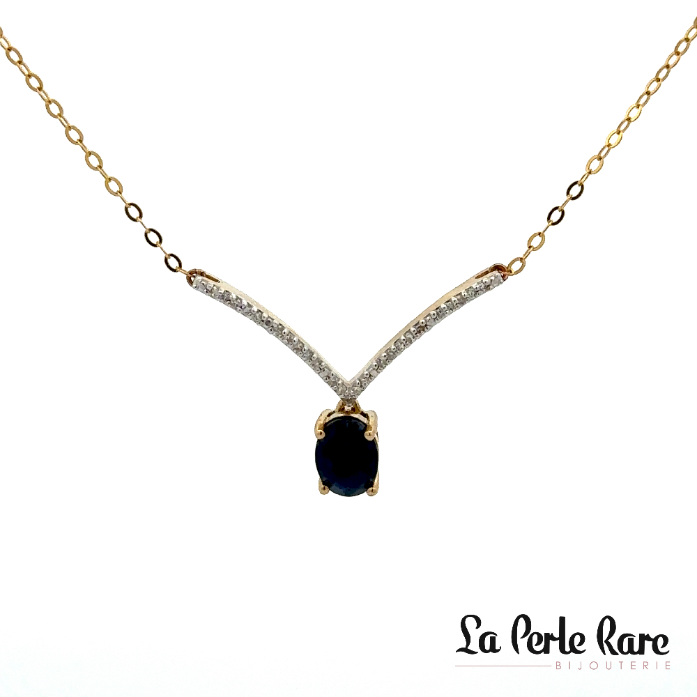 Collier or jaune 10 carats, saphir, 10 points de diamants total - LPR-2538 - Exclusivités