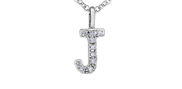 Pendentif lettre j, 5 pts dia tot, or blanc 