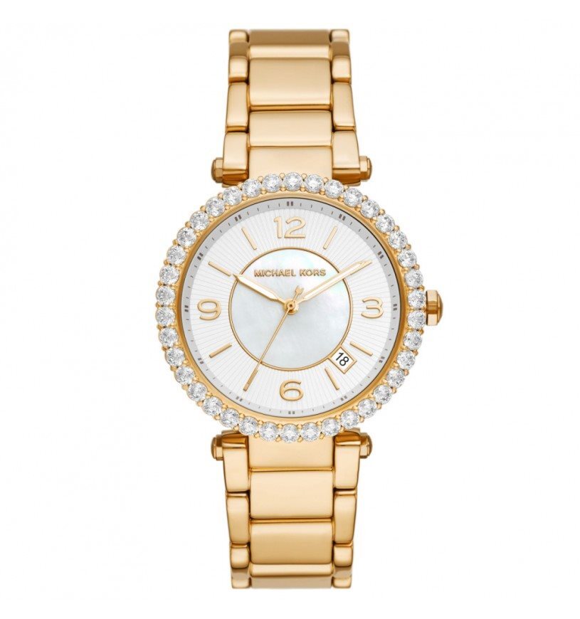 Gold steel watch with zircon embellishments, white/mother-of-pearl dial - MK4693 - Michael Kors