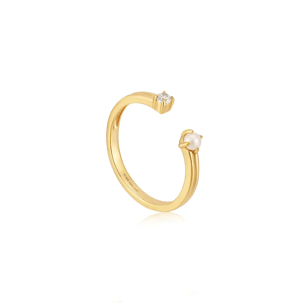  Adjustable gold-silver ring, pearl, cubic zirconium