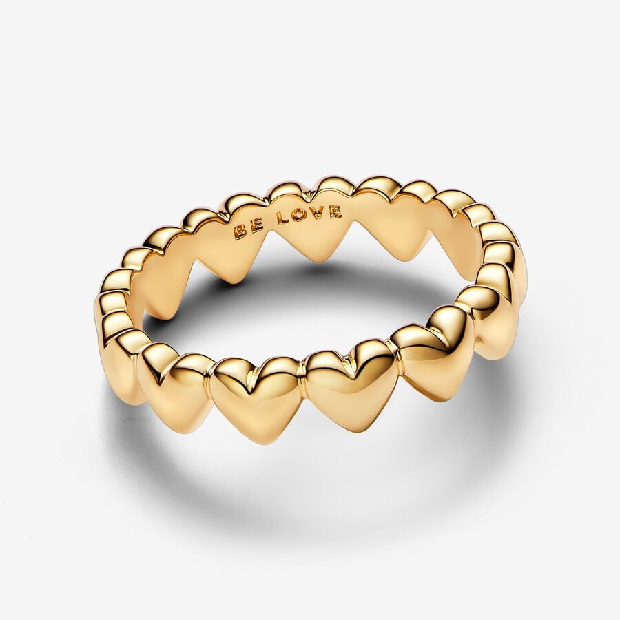 Heart row ring in unique metal plated with 14k yellow gold