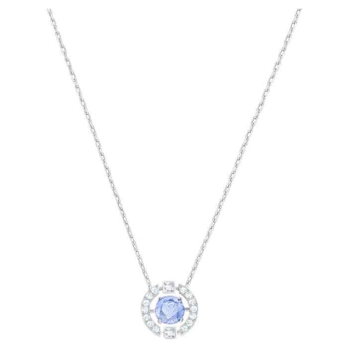 Collier métal rhodié, cristaux blancs/bleu