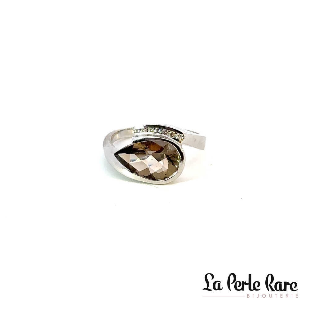 Bague or blanc quartz fumé et 6 pts dia - EGR897-Q - Exclusivités