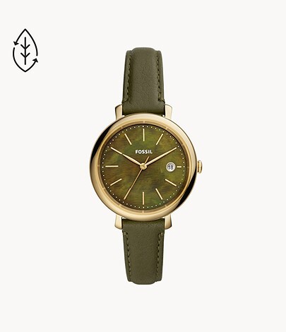 Montre solaire cuir vert, acier doré, fond vert nacré