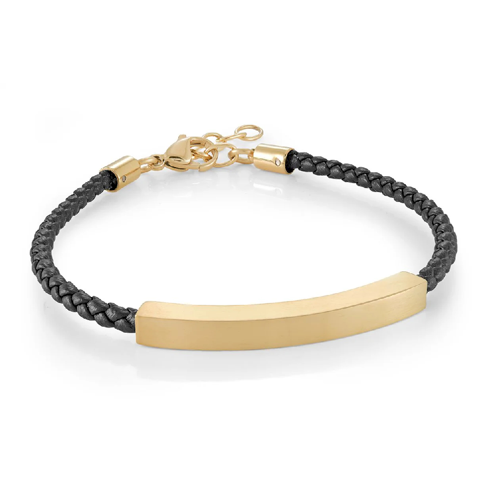 Bracelet d'identité, cuir noir tressé, acier inoxydable doré - SLB617 - Italgem Steel