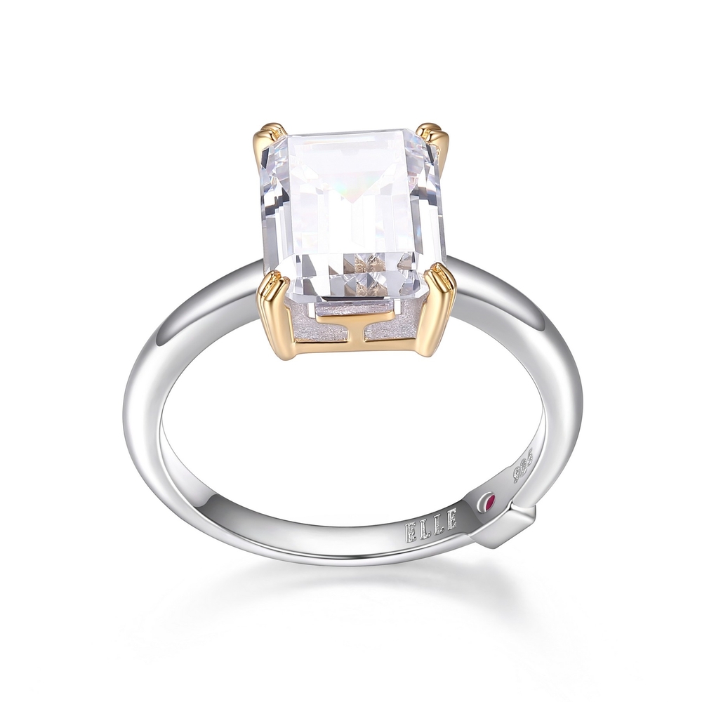 Bague solitaire, argent 2 tons (blanc/jaune), zircon