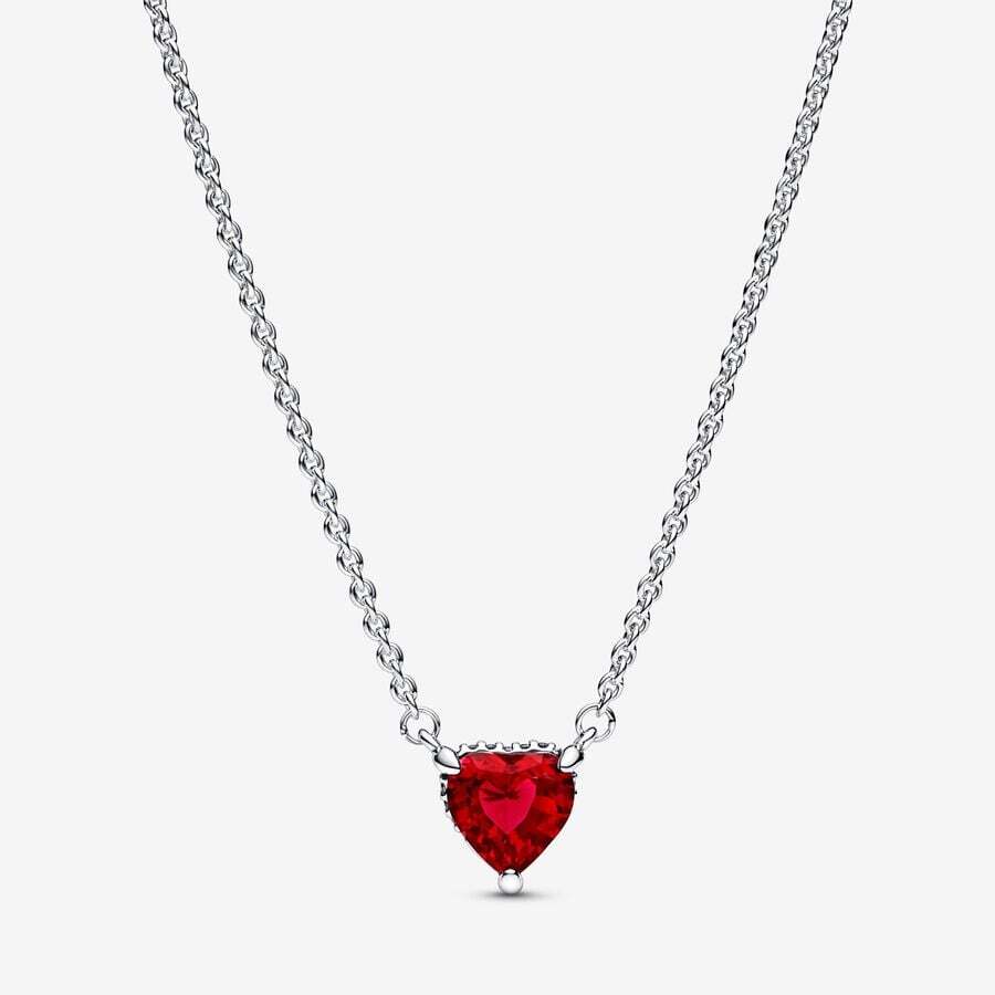 Collier halo cœur, cristal rouge, zircons, argent. - 392542C01-45 - Pandora