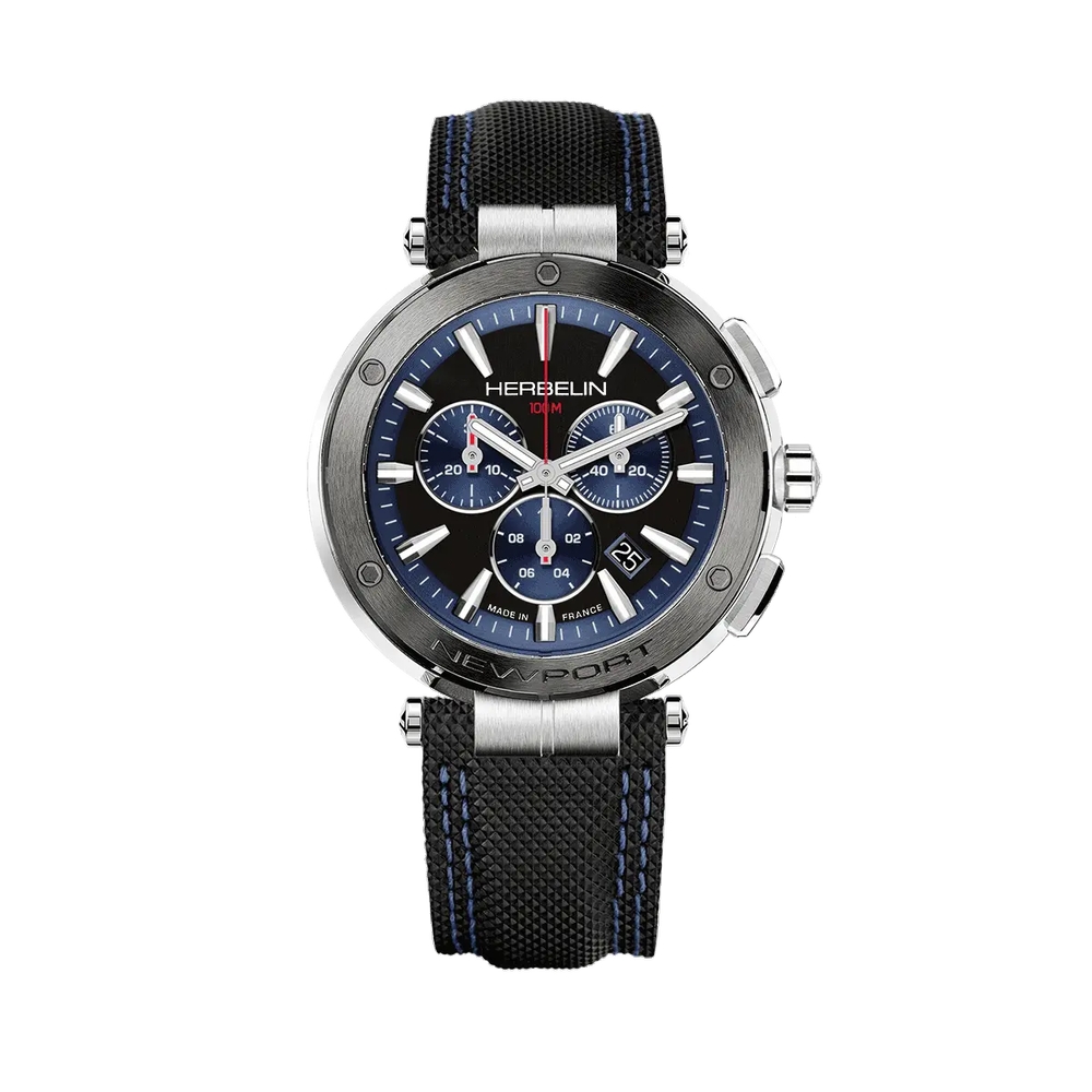 Montre Newport chronographe, acier inoxydable, cuir noir - 37688AG65 - Herbelin