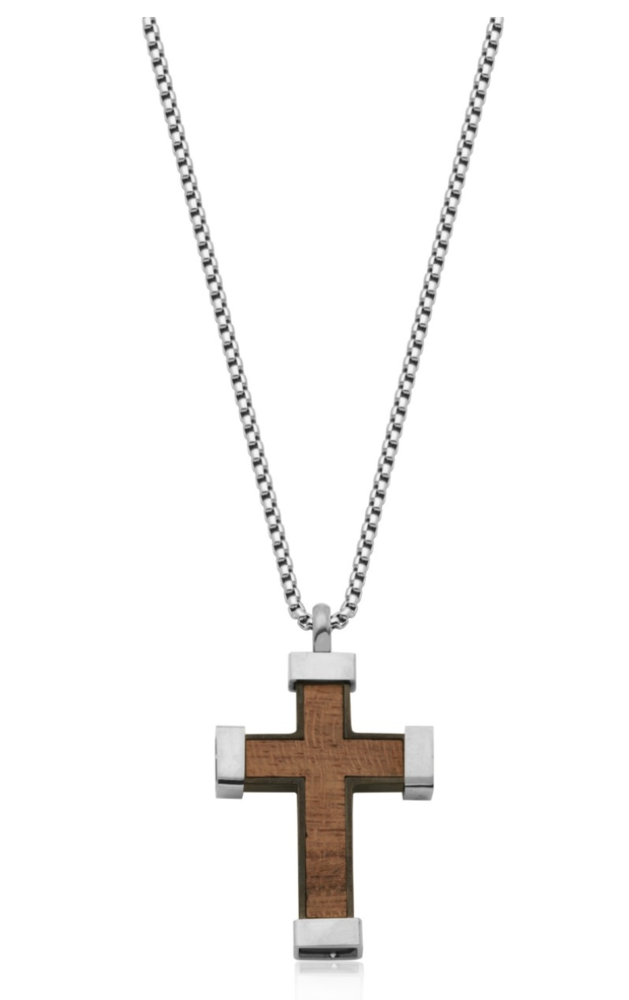 Pendentif croix, acier 2 tons (blanc/noir), bois - T3XD420124 - Steelx