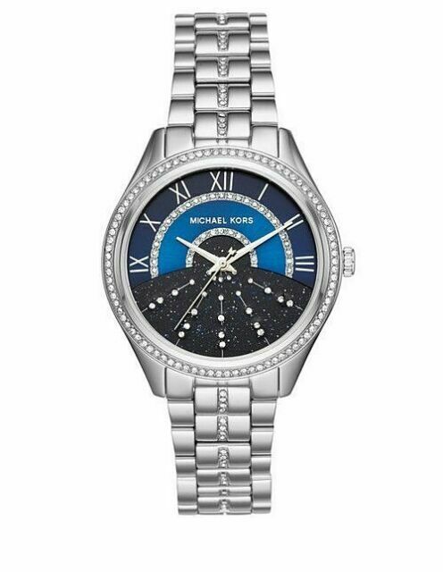 Women's steel, blue background watch