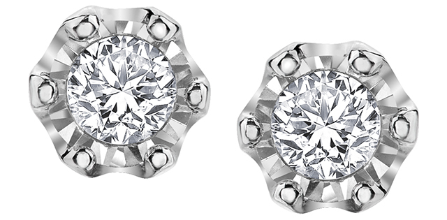 Boucles d'oreilles fixes or blanc 10 carats, 8 points de diamants total - 20105 - Corona