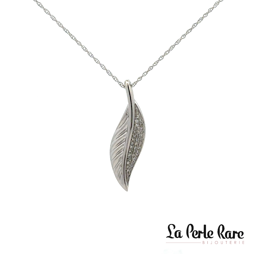 Pendentif feuille, or blanc, 15 pts dia tot - LPR-2551 - Exclusivités