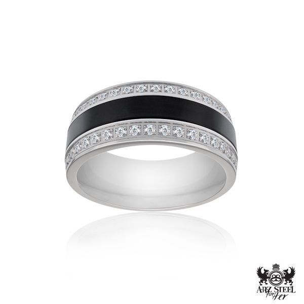 Bague acier, céramique noire, zircons