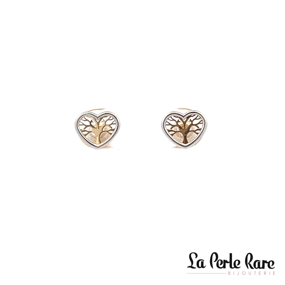  Two-tone (yellow/white) Tree of Life heart-shaped stud earrings in gold - 10718 - Exclusivity