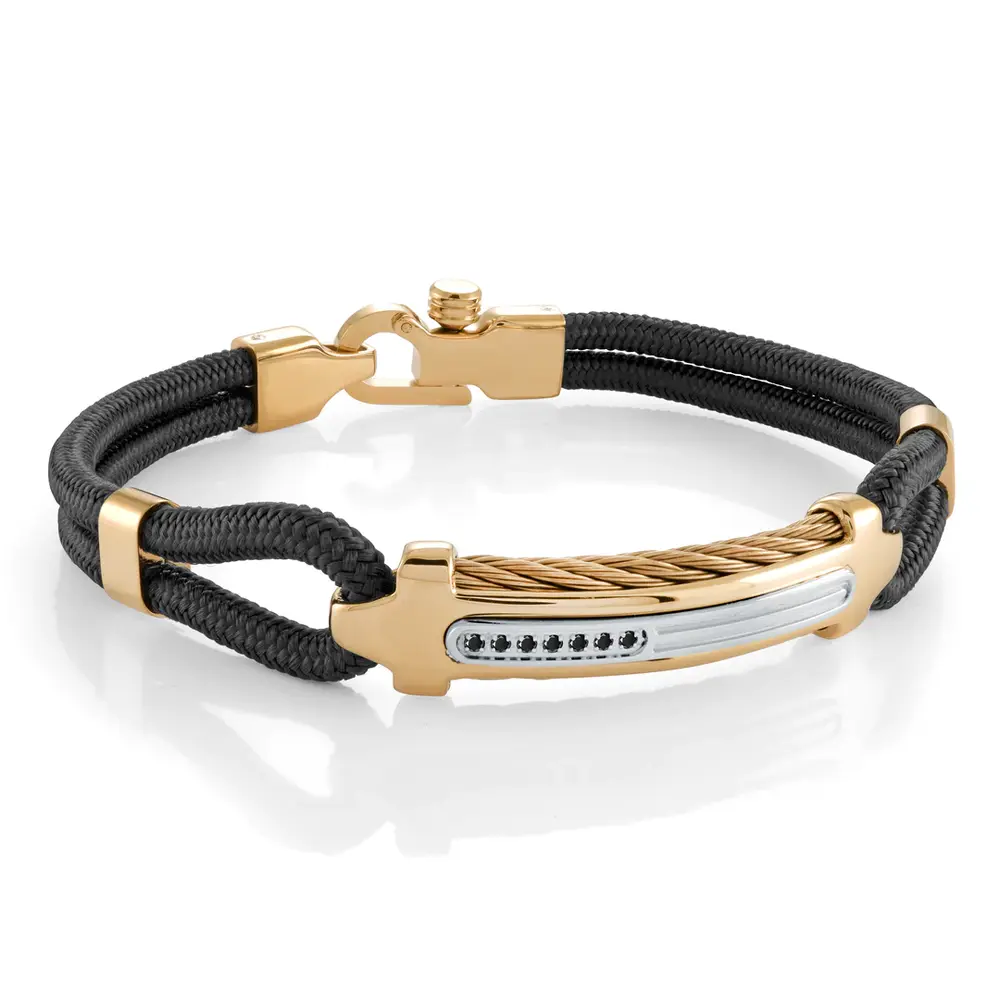 Bracelet nylon noir, acier 2 tons (jaune/blanc), zircons noirs - SCB121-8 - Italgem Steel