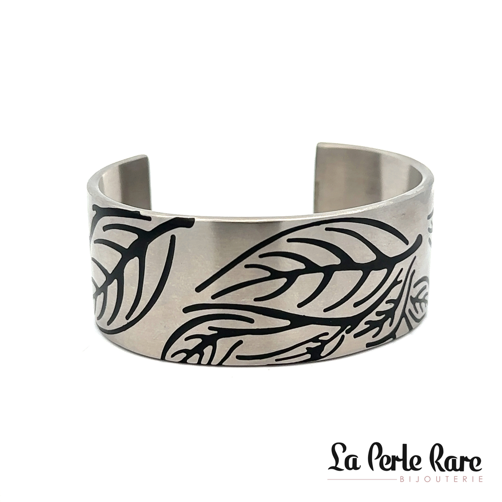 Bracelet rigide, motifs feuilles, acier 2 tons (blanc/noir) - 170-BG97 - Steelx