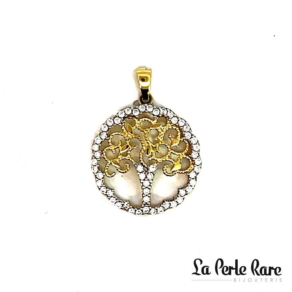 Pendentif arbre de vie, or jaune 10 carats, zircons incolores