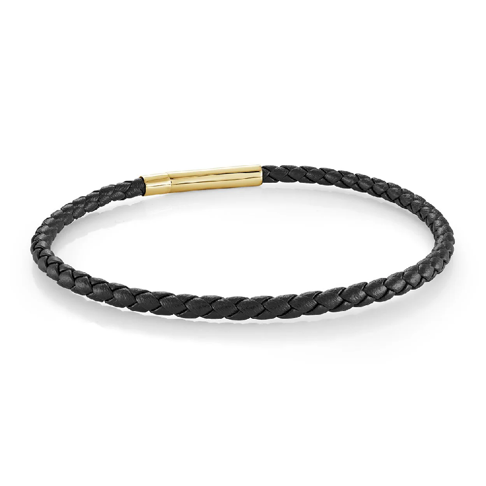 Bracelet cuir noir tressé, acier inoxydable doré - SLB625 - Italgem Steel